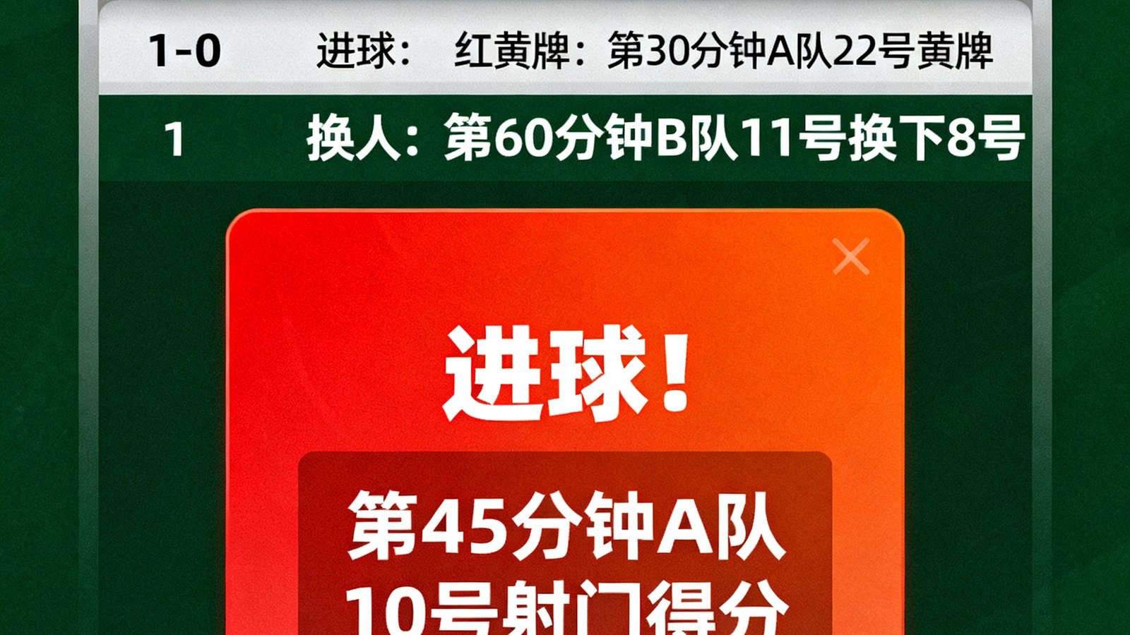 闪电比分界面，实时滚动更新进球、红黄牌、换人，进球弹窗醒目提醒